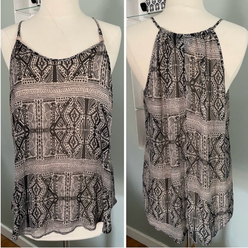Boho Tribal Print Cami Top Black & White Sheer Lightweight Tank Size L